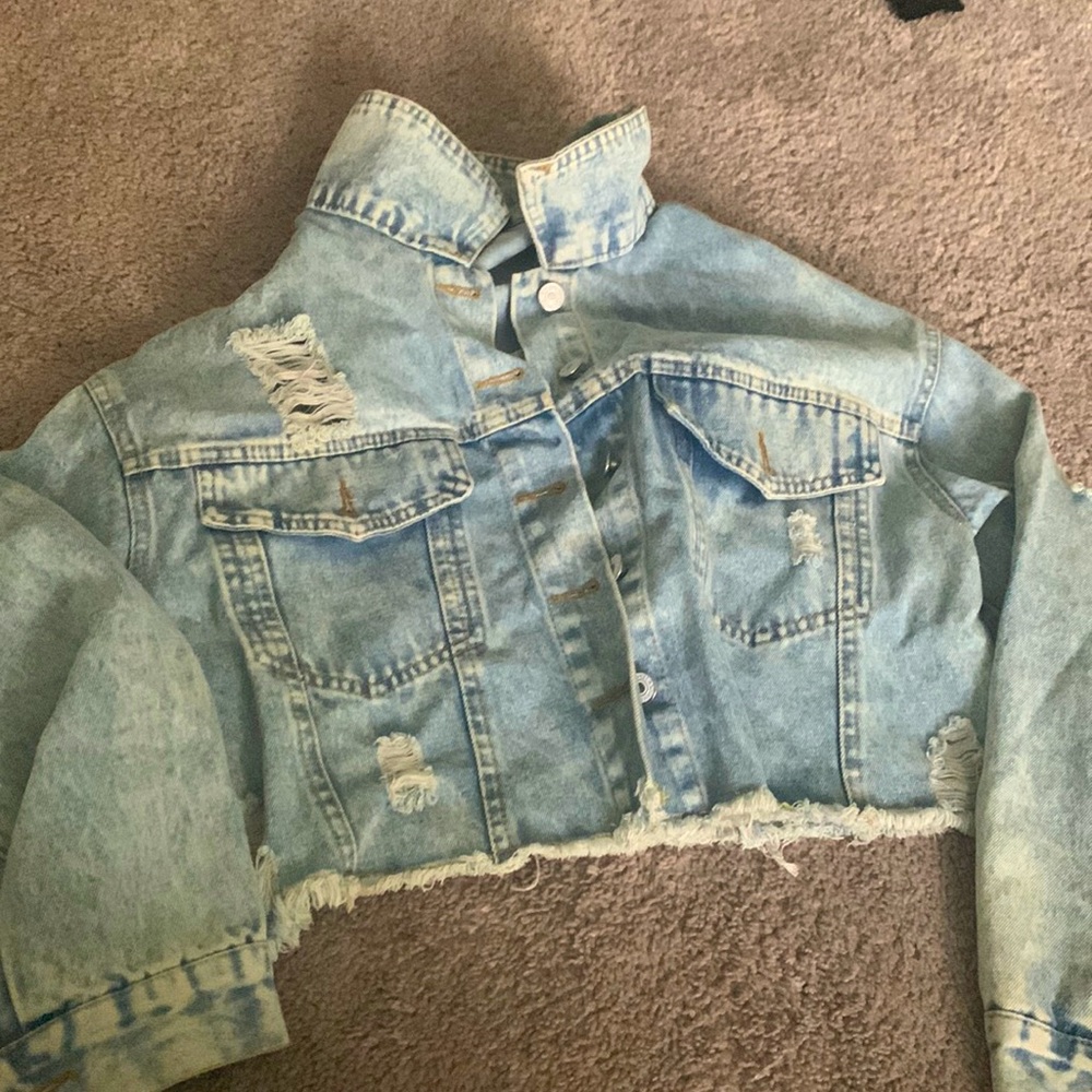 Cropped Jean Jacket with rips and buttons size medium from SHEIN.